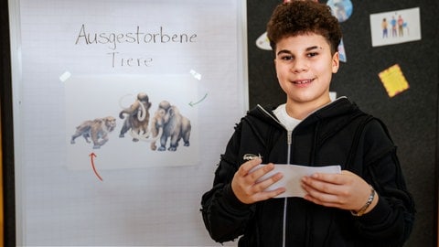 Ein Junge steht vor einer Tafel mit Karteikarten und wirkt entspannt und selbstbewusst