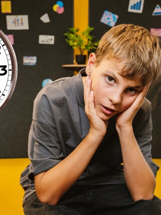 Schüler sitzt genervt in einem modernen Klassenzimmer, an der Wand hängt eine große Uhr